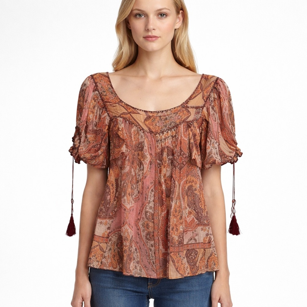 ICE Vintage Silk Print Top Babydoll Boho Print Tassels Y2K 90s Floral Fairy Sz S